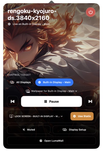 The real LumaWall Mini Player controlling a Rengoku wallpaper on the built-in display